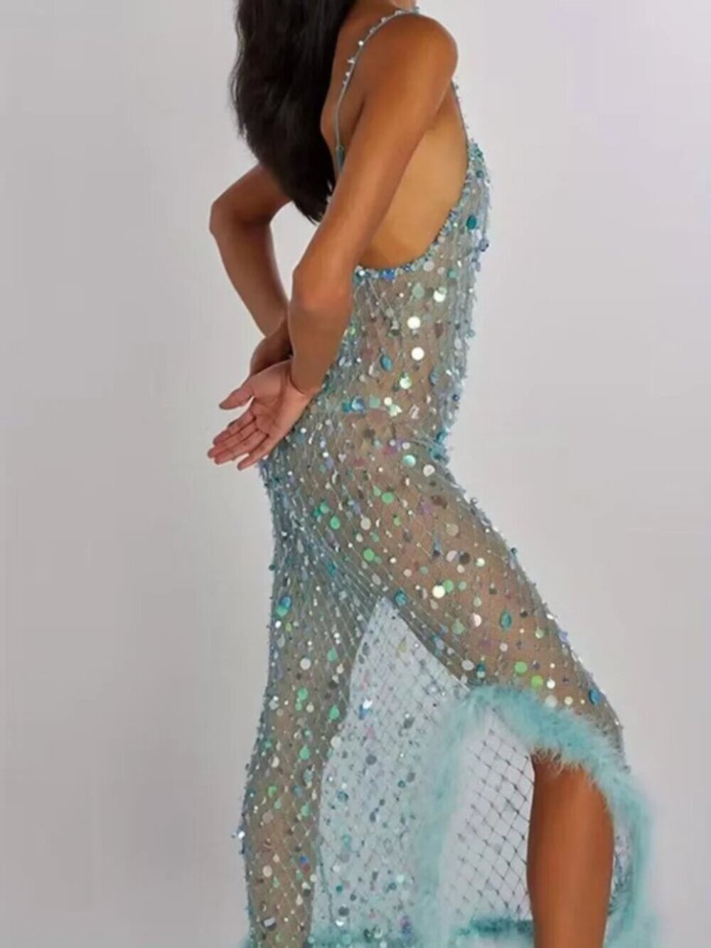 Sheer Sequin Bodycon Dress with Spaghetti Straps